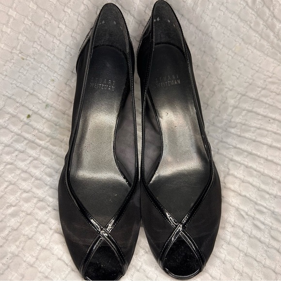 Stuart Weitzman Black Mesh & Patent Leather Peep Toe Heels | Size 8.5 - Picture 2 of 12